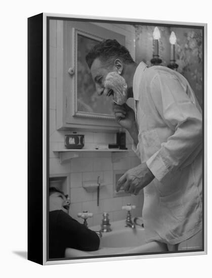Singer Ezio Pinza, at Home with His Son, Singing and Shaving in the Bathroom-Nina Leen-Framed Premier Image Canvas