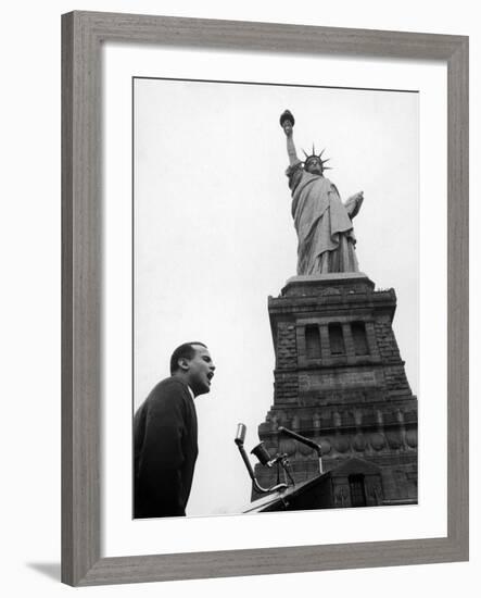 Singer Harry Belafonte, Speaking at Civil Rights Rally at Statue of Liberty-Al Fenn-Framed Premium Photographic Print