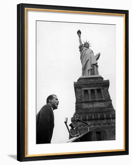 Singer Harry Belafonte, Speaking at Civil Rights Rally at Statue of Liberty-Al Fenn-Framed Premium Photographic Print