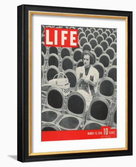 Singer Jane Froman Knitting Among Empty Seats at Radio Rehearsal in NBC's Studio, March 14, 1938-Alfred Eisenstaedt-Framed Photographic Print