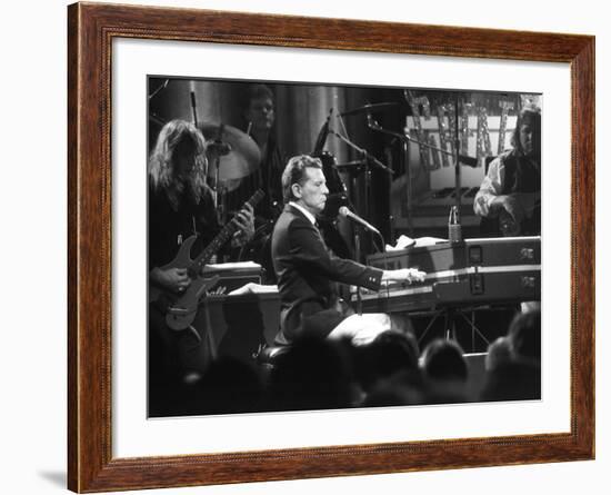 Singer Jerry Lee Lewis Performing at Party for Film "Great Balls of Fire," Based on His Life Story-David Mcgough-Framed Premium Photographic Print