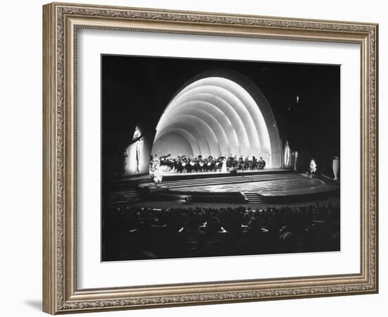 Singer Margaret Truman Standing on Stage at the Hollywood Bowl with a Large Band Behind Her-Allan Grant-Framed Photographic Print