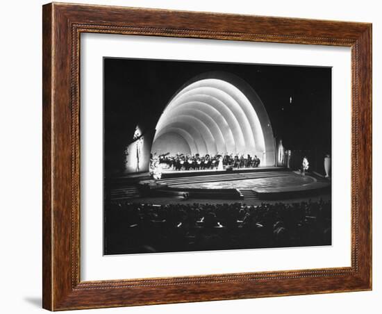 Singer Margaret Truman Standing on Stage at the Hollywood Bowl with a Large Band Behind Her-Allan Grant-Framed Photographic Print