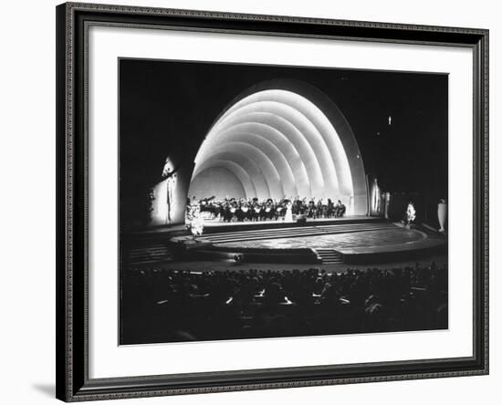 Singer Margaret Truman Standing on Stage at the Hollywood Bowl with a Large Band Behind Her-Allan Grant-Framed Photographic Print