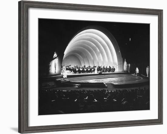 Singer Margaret Truman Standing on Stage at the Hollywood Bowl with a Large Band Behind Her-Allan Grant-Framed Photographic Print