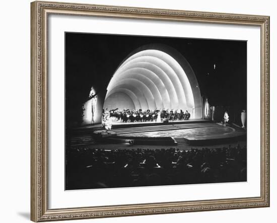 Singer Margaret Truman Standing on Stage at the Hollywood Bowl with a Large Band Behind Her-Allan Grant-Framed Photographic Print