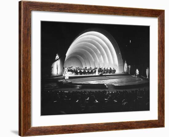 Singer Margaret Truman Standing on Stage at the Hollywood Bowl with a Large Band Behind Her-Allan Grant-Framed Photographic Print