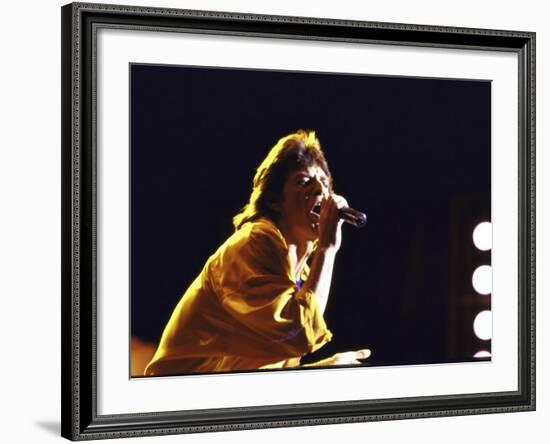 Singer Mick Jagger of the Rock Band the Rolling Stones Performing at Live Aid Concert-David Mcgough-Framed Premium Photographic Print