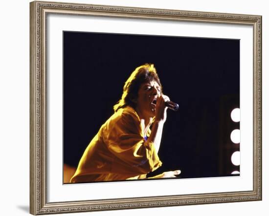 Singer Mick Jagger of the Rock Band the Rolling Stones Performing at Live Aid Concert-David Mcgough-Framed Premium Photographic Print