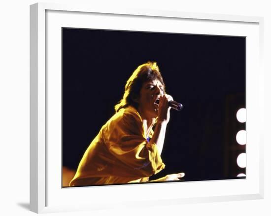 Singer Mick Jagger of the Rock Band the Rolling Stones Performing at Live Aid Concert-David Mcgough-Framed Premium Photographic Print