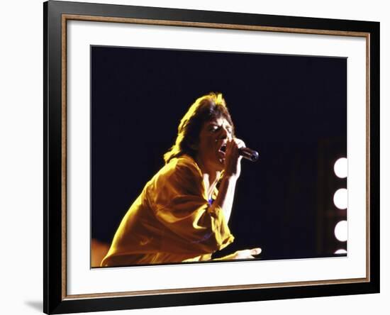 Singer Mick Jagger of the Rock Band the Rolling Stones Performing at Live Aid Concert-David Mcgough-Framed Premium Photographic Print