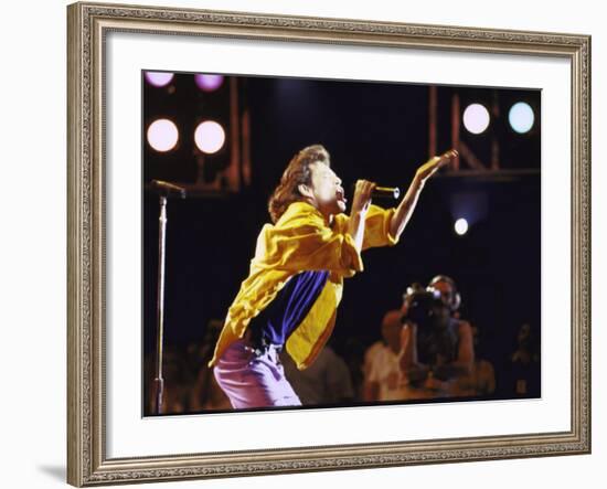 Singer Mick Jagger of the Rock Band the Rolling Stones Performing at Live Aid Concert-David Mcgough-Framed Premium Photographic Print