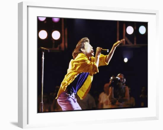 Singer Mick Jagger of the Rock Band the Rolling Stones Performing at Live Aid Concert-David Mcgough-Framed Premium Photographic Print