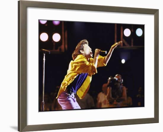 Singer Mick Jagger of the Rock Band the Rolling Stones Performing at Live Aid Concert-David Mcgough-Framed Premium Photographic Print