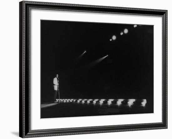Singer Pat Boone Singing into Mike in Front of the Footlights on Stage in Auditorium-null-Framed Photographic Print