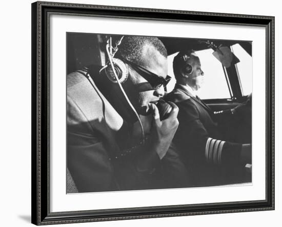 Singer Ray Charles Wearing Earphones While in His Private Plane-null-Framed Premium Photographic Print