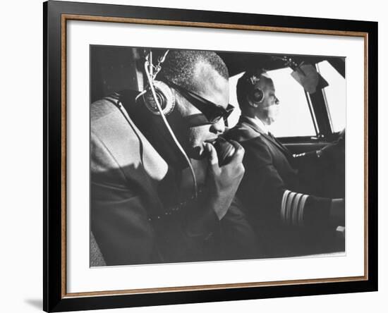 Singer Ray Charles Wearing Earphones While in His Private Plane-null-Framed Premium Photographic Print