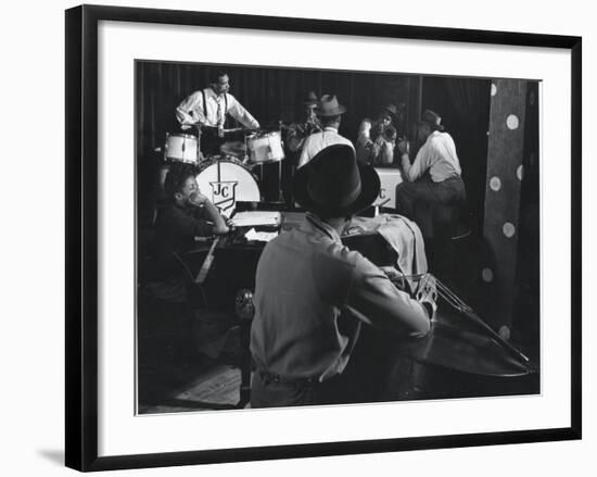 Singer Sarah Vaughn Sitting at Piano While the J. C. Heard Orchestra Plays During Rehearsal-Gjon Mili-Framed Premium Photographic Print