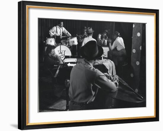 Singer Sarah Vaughn Sitting at Piano While the J. C. Heard Orchestra Plays During Rehearsal-Gjon Mili-Framed Premium Photographic Print