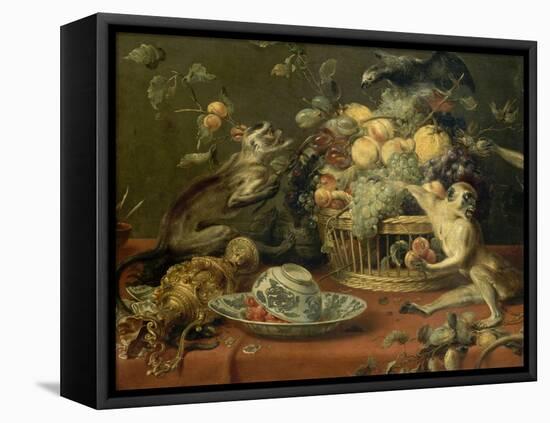 Singes et perroquet auprés d'une corbeille de fruits-Frans Snyders-Framed Premier Image Canvas