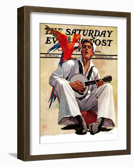 "Singing Sailor and Parrot," Saturday Evening Post Cover, October 16, 1937-John E. Sheridan-Framed Giclee Print