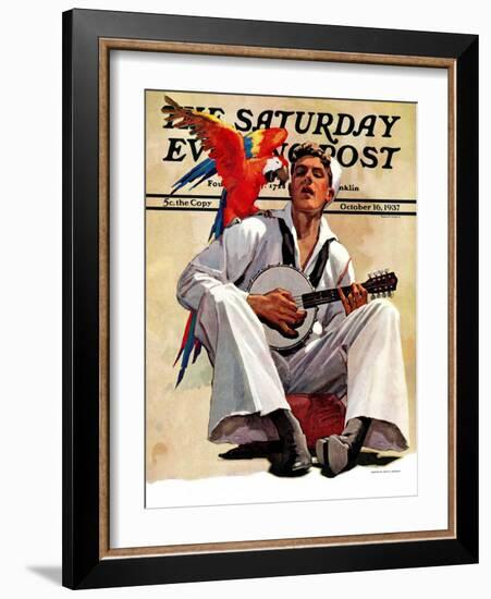 "Singing Sailor and Parrot," Saturday Evening Post Cover, October 16, 1937-John E. Sheridan-Framed Giclee Print
