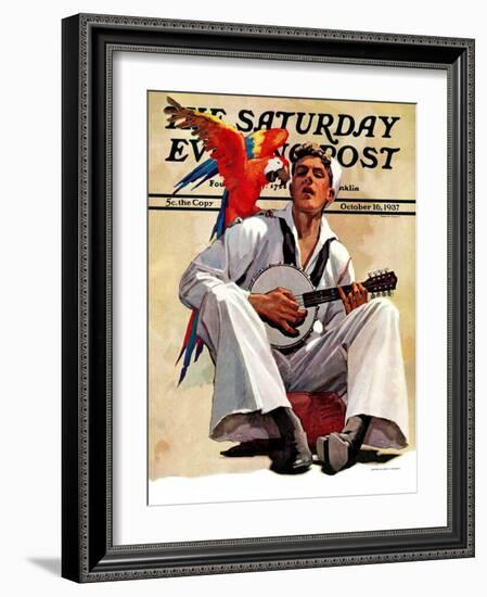 "Singing Sailor and Parrot," Saturday Evening Post Cover, October 16, 1937-John E. Sheridan-Framed Giclee Print