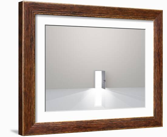 Single Door In Pure White Space Emits Light-rolffimages-Framed Art Print