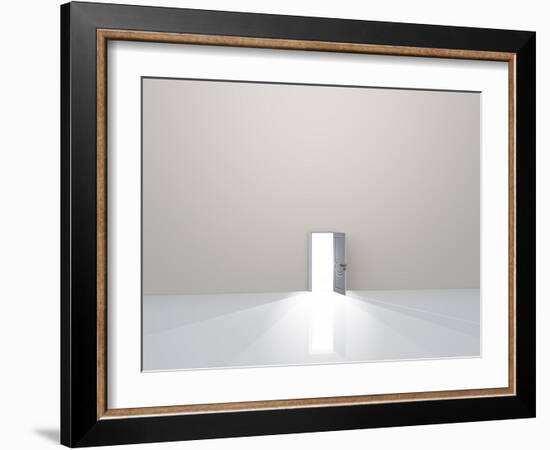 Single Door In Pure White Space Emits Light-rolffimages-Framed Art Print