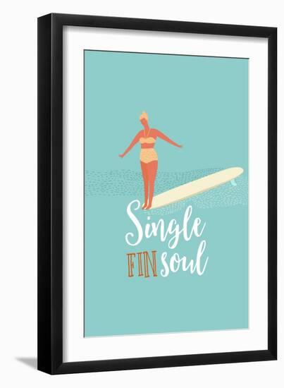 Single Fin Soul - Surfing Illustration with Longboard Balancing Surfer Girl-Tasiania-Framed Art Print