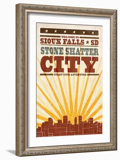 Sioux Falls, South Dakota - Skyline and Sunburst Screenprint Style-Lantern Press-Framed Art Print