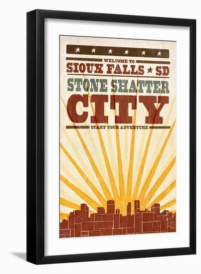 Sioux Falls, South Dakota - Skyline and Sunburst Screenprint Style-Lantern Press-Framed Art Print