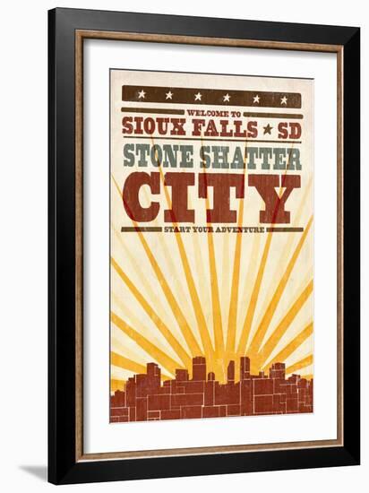 Sioux Falls, South Dakota - Skyline and Sunburst Screenprint Style-Lantern Press-Framed Art Print