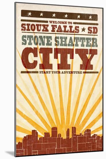 Sioux Falls, South Dakota - Skyline and Sunburst Screenprint Style-Lantern Press-Mounted Art Print