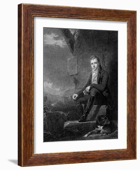 Sir Walter Scott, Scottish Novelist and Poet, Sitting Next to a Stone Wall with a Dog-null-Framed Photographic Print