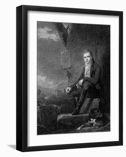 Sir Walter Scott, Scottish Novelist and Poet, Sitting Next to a Stone Wall with a Dog-null-Framed Photographic Print