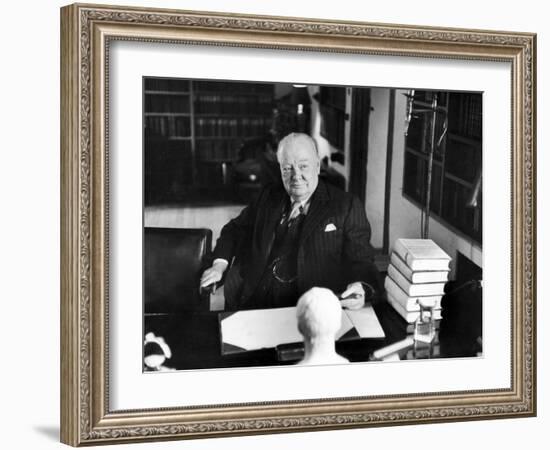 Sir Winston Churchill, Sitting Behind Desk at Chartwell-null-Framed Premium Photographic Print