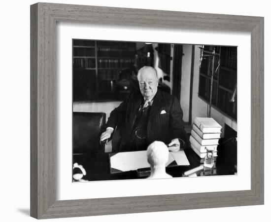 Sir Winston Churchill, Sitting Behind Desk at Chartwell-null-Framed Photographic Print