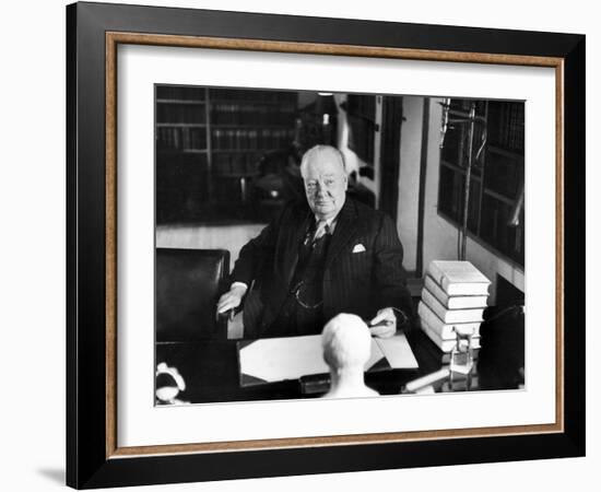 Sir Winston Churchill, Sitting Behind Desk at Chartwell-null-Framed Photographic Print