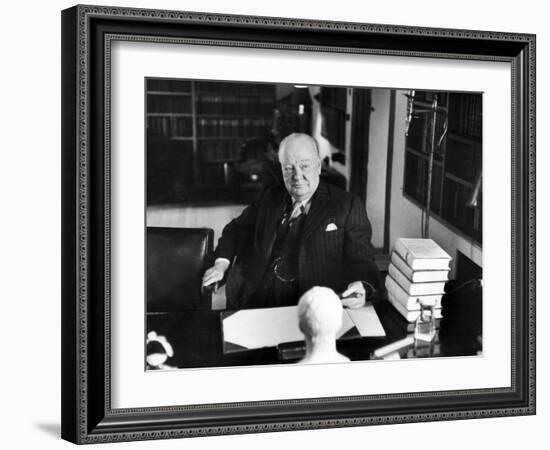 Sir Winston Churchill, Sitting Behind Desk at Chartwell-null-Framed Photographic Print