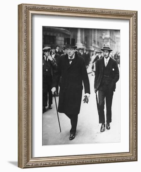 Sir Winston Churchill Walking in Street with Sir James Grigg, His Parliamentary Private Secretary-null-Framed Photographic Print