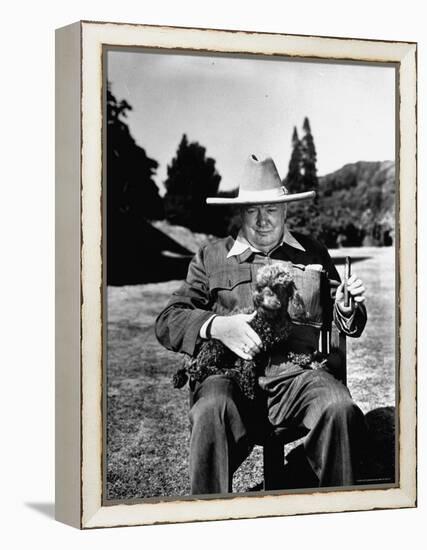 Sir Winston Churchill Wearing Straw Hat While Holding Pet Poodle at Chartwell Manor-Hans Wild-Framed Premier Image Canvas