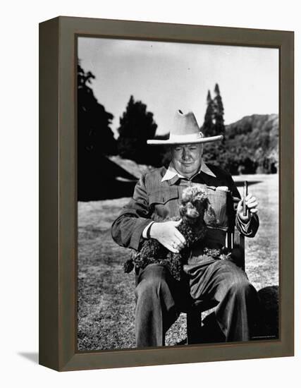 Sir Winston Churchill Wearing Straw Hat While Holding Pet Poodle at Chartwell Manor-Hans Wild-Framed Premier Image Canvas