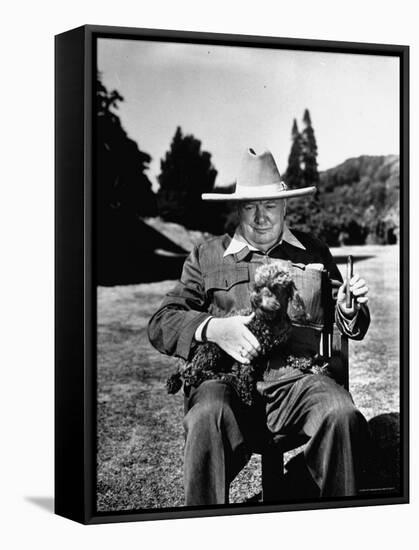 Sir Winston Churchill Wearing Straw Hat While Holding Pet Poodle at Chartwell Manor-Hans Wild-Framed Premier Image Canvas