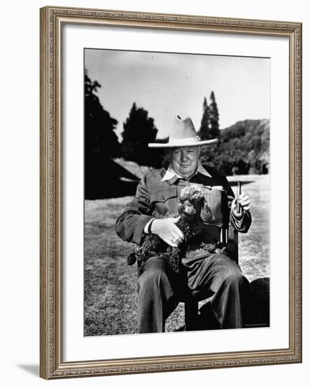 Sir Winston Churchill Wearing Straw Hat While Holding Pet Poodle at Chartwell Manor-Hans Wild-Framed Premium Photographic Print