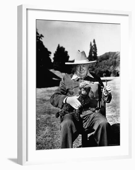 Sir Winston Churchill Wearing Straw Hat While Holding Pet Poodle at Chartwell Manor-Hans Wild-Framed Premium Photographic Print