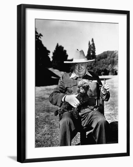 Sir Winston Churchill Wearing Straw Hat While Holding Pet Poodle at Chartwell Manor-Hans Wild-Framed Premium Photographic Print