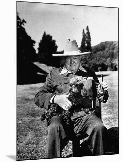 Sir Winston Churchill Wearing Straw Hat While Holding Pet Poodle at Chartwell Manor-Hans Wild-Mounted Premium Photographic Print