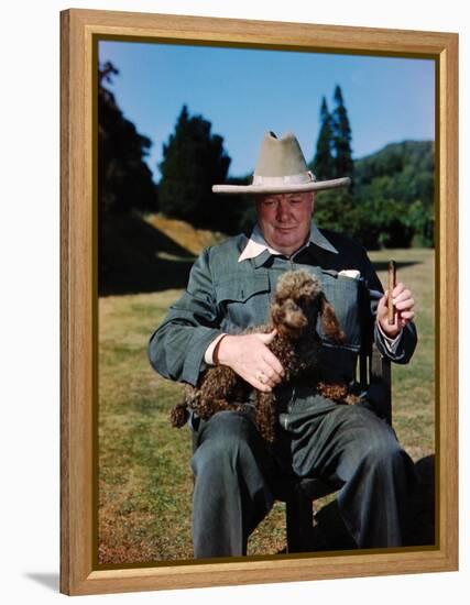 Sir Winston Churchill Wearing Straw Hat while Holding Pet Poodle at Chartwell Manor-Hans Wild-Framed Premier Image Canvas