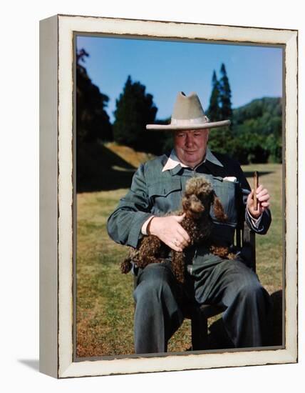 Sir Winston Churchill Wearing Straw Hat while Holding Pet Poodle at Chartwell Manor-Hans Wild-Framed Premier Image Canvas